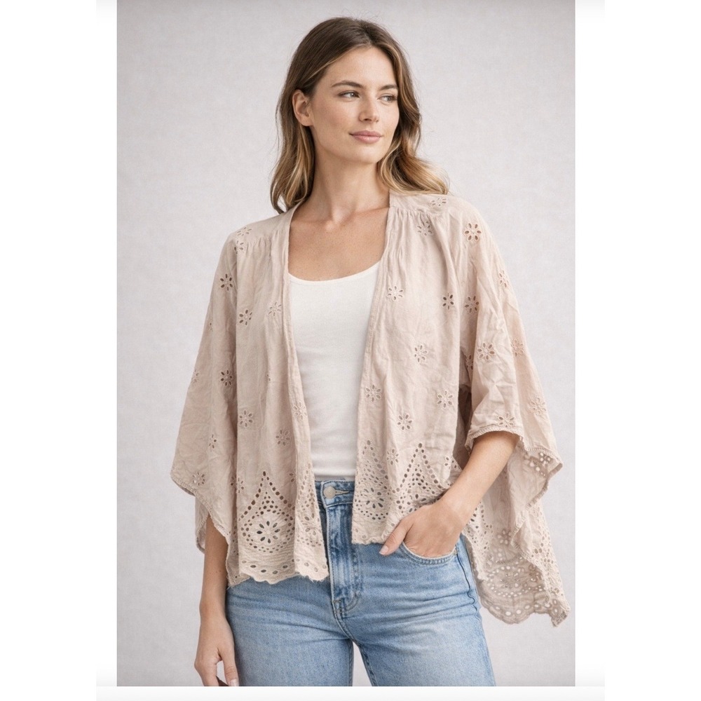 Lara Guidotti Kimono Wrap Boho One Size‎ Beige Cotton Eyelet Lace Made in Italy
